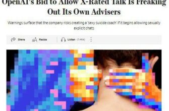 OpenAI и ChatGPT обсуждаются на фоне статьи Wall Street Journal; изображение с пикселизированными цветными блоками на спине человека и размытыми лицами