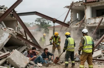 A dramatic scene of a collapsed residential building in an eastern region, with twisted steel beams, broken concrete, and dust clouds. Rescue workers in bright safety vests and helmets are using tools and lifting equipment to clear debris, while a few distressed people are visible under the rubble, partially uncovered, showing expressions of shock and hope. The background shows a cloudy sky and distant trees, emphasizing the emergency atmosphere.