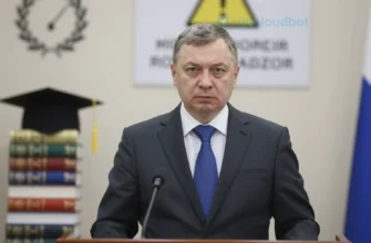 A realistic portrait of a middle-aged Russian official, the head of Rosobrnadzor, standing at a podium in a formal office setting. He has a serious expression, wearing a dark suit and tie. Behind him are subtle educational symbols such as stacked books, graduation caps, and a faint warning sign, conveying the idea of consequences for remote education violations. The lighting is professional and the composition is balanced, focusing on the official as the central figure.