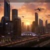 A futuristic city skyline at sunset with sleek glass towers, flying vehicles, and neon-lit streets reflecting on water, photorealistic detail