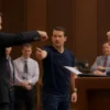 A dramatic courtroom scene showing a furious defendant standing and pointing at a judge, with other courtroom participants reacting, set in a realistic interior with wooden paneling and formal attire, conveying intense emotion and tension