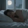 A serene bedroom scene at night with a person peacefully sleeping under a blanket, soft moonlight streaming through a window, gentle shadows, no text or symbols, calm and dreamy atmosphere