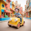A whimsical scene of a person riding a cardboard car, with cardboard wheels and a cardboard steering wheel, in a playful urban setting, bright colors, dynamic motion, no text or letters on the image