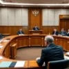 A courtroom scene in a modern Russian courthouse showing a formal hearing with a judge, lawyers, and officials discussing a financial dispute between a Vladivostok-based company and the Central Bank of Russia, featuring official documents, Russian legal attire, and a sense of serious negotiation